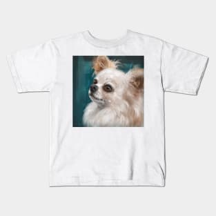 Cute Furry White and Brown Chihuahua on Dark Green Background Kids T-Shirt